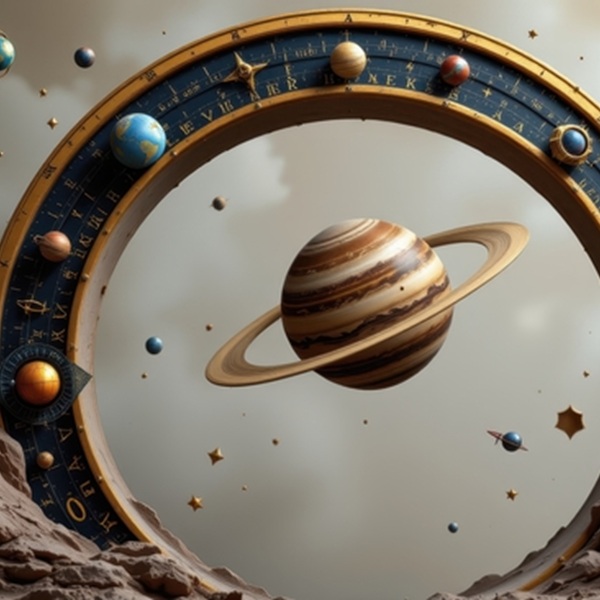 a planetary orbit arch decorated with spinning planetary models and golden astrological rings.